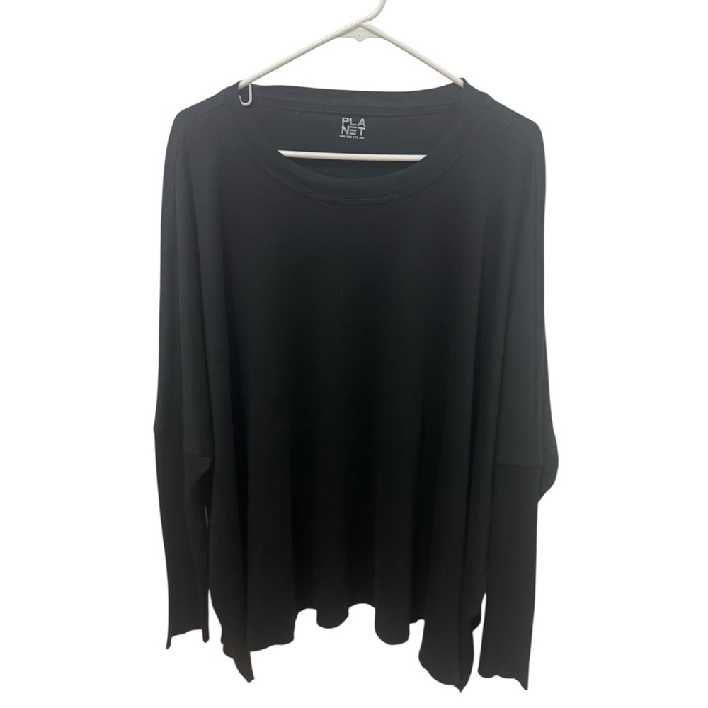 PLANET BY LAUREN G 100% PIMA COTTON RAW CUTLONG SLEEVE BLACK TUNIC TOP OSFM